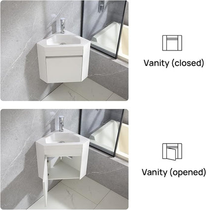 wonline 16" Corner Bathroom Vanity Sink Combo for Small Space Wall Mounted Cabinet Set Design White Resin Basin Sink Top Chrome Faucet and Drain