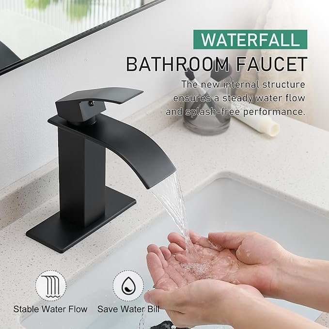 Black bathroom faucet with water flowing, hands washing, and text about features.