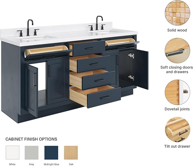 ARIEL Hepburn 72-inch Bathroom Vanity with Sink,Solid Wood, 1.5-inch Carrara White Quartz Countertop, Double Rectangular Porcelain Sink, 4 Soft Closing Doors, 6 Dovetail Drawers, Midnight Blue