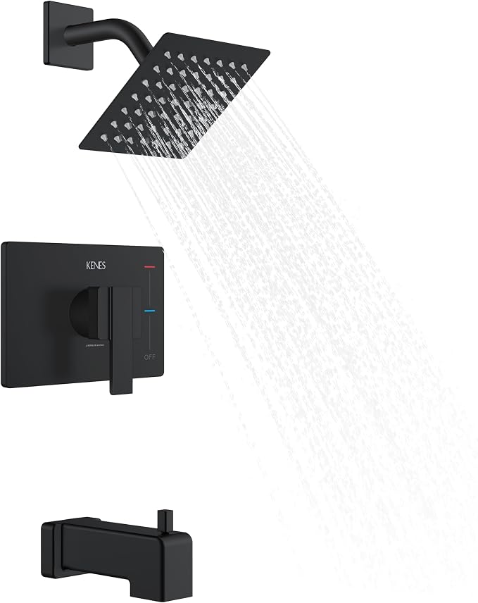 KENES Shower Set with Tub Faucet, Matte Black Tub and Shower Trim Kit | Shower Faucet with 6-Inch Rain Shower Head, Square Shower System, Valve Included, Lead-Free cUPC & NSF Certified, Stainless