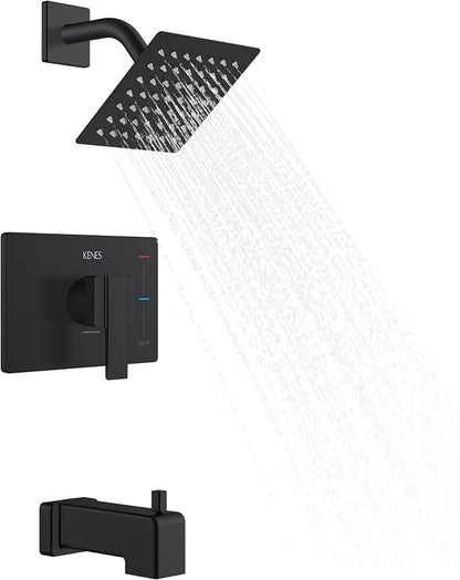 KENES Shower Set with Tub Faucet, Matte Black Tub and Shower Trim Kit | Shower Faucet with 6-Inch Rain Shower Head, Square Shower System, Valve Included, Lead-Free cUPC & NSF Certified, Stainless