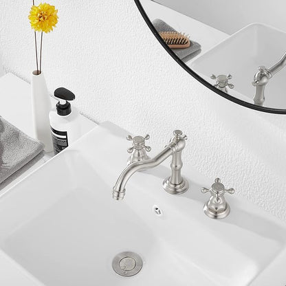 GGStudy Two Handles Three Holes Faucet 8-16 inch Widespread Bathroom Sink Faucet Brushed Nickel Basin Tap Mixer Faucet Matching Metal Pop Up Drain