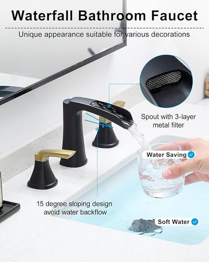 Fapully Bathroom Faucet 3 Hole, Waterfall 8 Inch Widespread Bathroom Sink Faucet with Pop-up Drain, Matte Black&Gold Two-Handle Faucets for Bathroom Sink