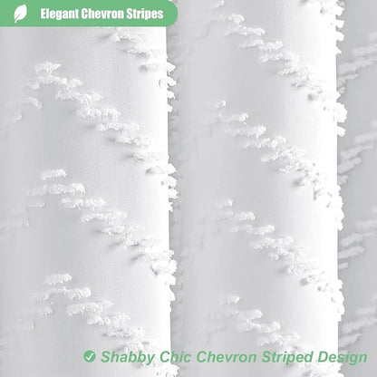 Extra Long Boho Shower Curtain Tufted Chevron 72"x90" White | 90 Inch Tall, Elegant Tassel, Lightweight Textured Fabric, Water Repellent, Washable, Hotel Spa, for Bathroom/Dorm 12 Hooks