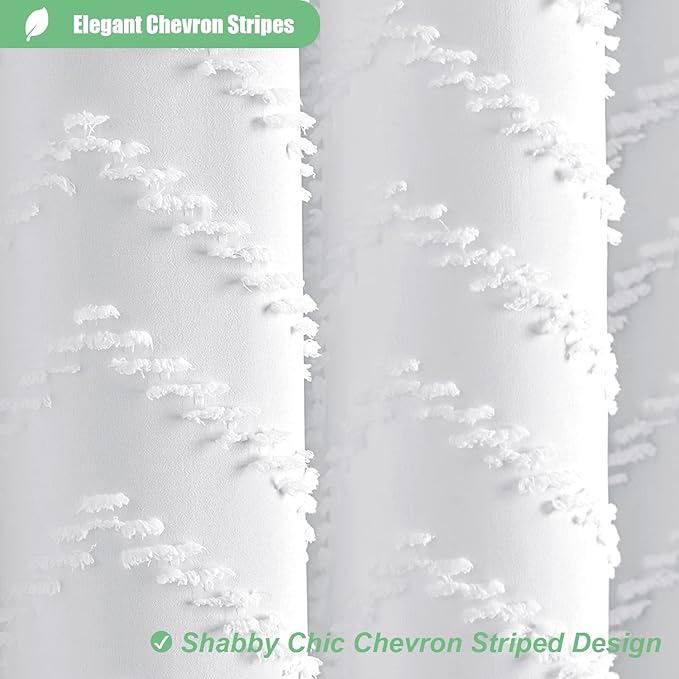 Extra Long Boho Shower Curtain Tufted Chevron 72"x96" White | 96 Inch Tall, Elegant Tassel, Lightweight Textured Fabric, Water Repellent, Washable, Hotel Spa, for Bathroom/Dorm 12 Hooks