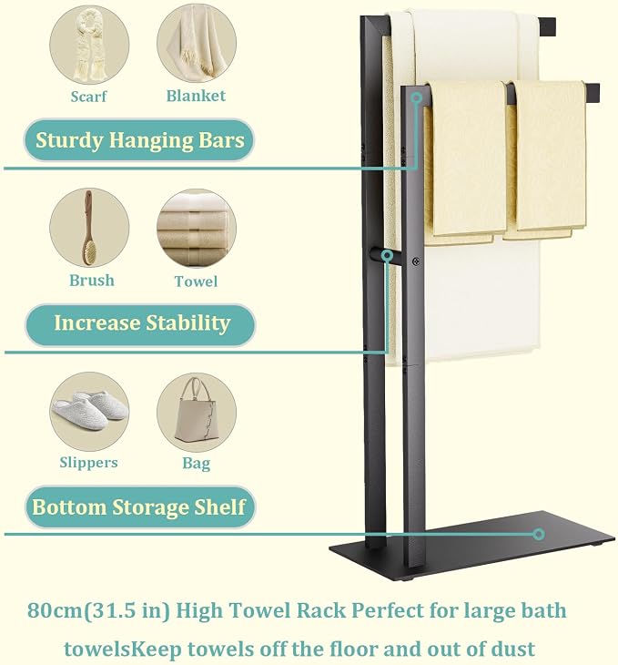 Yawinhe Free Standing Towel Rack,2 Tier Blanket Holder with Shelf,Black | Towel Drying Rack with Marble Base;Tall Towel Drying Rack Outdoor; Metal Towel Stand for Bathrooms;Hand Holder for Bathroom