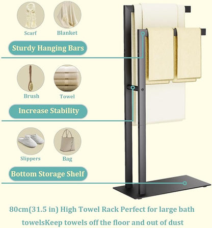 Yawinhe Free Standing Towel Rack,2 Tier Blanket Holder with Shelf,Black | Towel Drying Rack with Marble Base;Tall Towel Drying Rack Outdoor; Metal Towel Stand for Bathrooms;Hand Holder for Bathroom