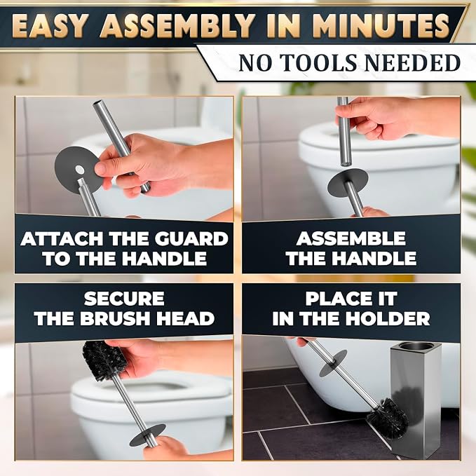 Silver Toilet Brush and Holder Set, Stainless Steel (Square) | Toilet Brush with Holder Set for Bathroom, Splash Protection & Dense Bristles for Bathroom Cleaning, Removable Inner Bowl