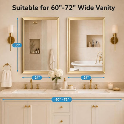2 Pack Brushed Gold Bathroom Mirrors for Over Sink, 24x36 Inch | Champagne Gold Rectangle Vanity Mirror for Bedroom, Entryway, Living Room Decor, Aluminum Framed, Curved Wide Edge