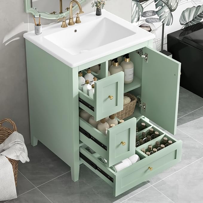 24" Bathroom Vanity with Ceramic Sink,Undermount Single Basin Bath Vanity Set w/3 Drawers and Adjustable Shelf,Modern Freestanding Storage Cabinet,MDF & Rubberwood,Green