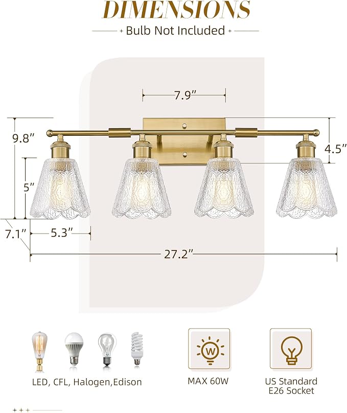 HWH 4-Light Bathroom Light Fixture, Clear Floral Glass, 5HJX110B-4W BG | Brushed Gold Finish, Modern, 27 Inch Vanity Lights Over Mirror, Sconce Wall Lighting for Bedroom, E26 Base For Common Bulbs