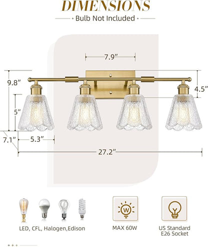 HWH 4-Light Bathroom Light Fixture, Clear Floral Glass, 5HJX110B-4W BG | Brushed Gold Finish, Modern, 27 Inch Vanity Lights Over Mirror, Sconce Wall Lighting for Bedroom, E26 Base For Common Bulbs