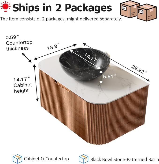 30" Floating Bathroom Vanity with Sink, Plywood, Nature Wood | Plywood Cabinet, Single Sink, Doubel Sink, Ceramic Basin & Marble Countertop, Pre-Assembled