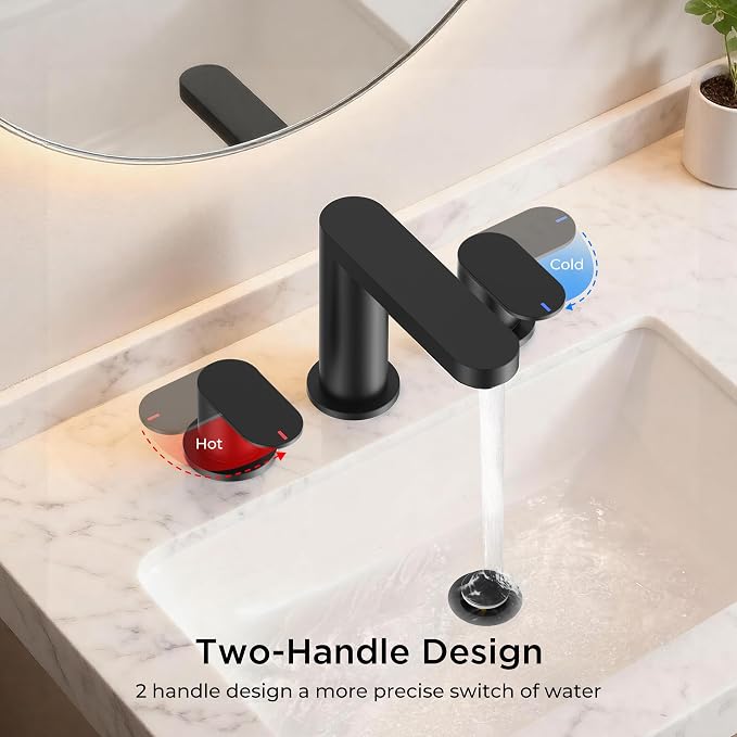 QFN Bathroom Faucet 3 Hole 8 Inch Widespread Vanity Sink Faucet Matte Black | 304 Stainless Steel Bathroom Sink Faucet with Pop-up Drain, 6-12 Inch 3 Hole Install, for RV Laundry Farmhouse Restroom Sink