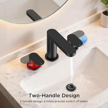 QFN Bathroom Faucet 3 Hole 8 Inch Widespread Vanity Sink Faucet Matte Black | 304 Stainless Steel Bathroom Sink Faucet with Pop-up Drain, 6-12 Inch 3 Hole Install, for RV Laundry Farmhouse Restroom Sink