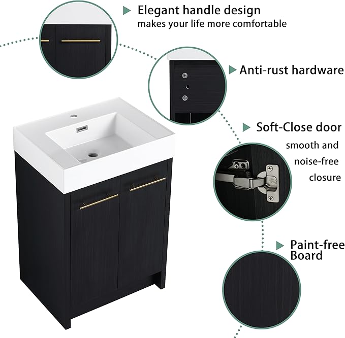 24" Freestanding Bathroom Vanity,24 Inch Bathroom Vanity with Sink,Modern Single Sink Bathroom Vanity Combo,Black Floor Stand Cabinet Set