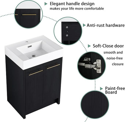 24" Freestanding Bathroom Vanity,24 Inch Bathroom Vanity with Sink,Modern Single Sink Bathroom Vanity Combo,Black Floor Stand Cabinet Set