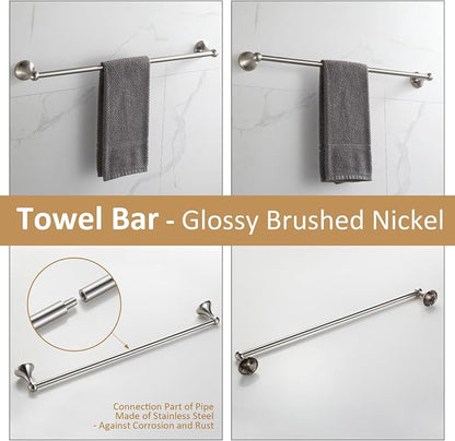 BGL Bathroom Accessories Set, Glossy Stain Nickel Expandable Towel Bar 4-Piece Bathroom Accessory Set Wall Mounted Towel Ring Robe Hook Toilet Paper Holder Towel Holder