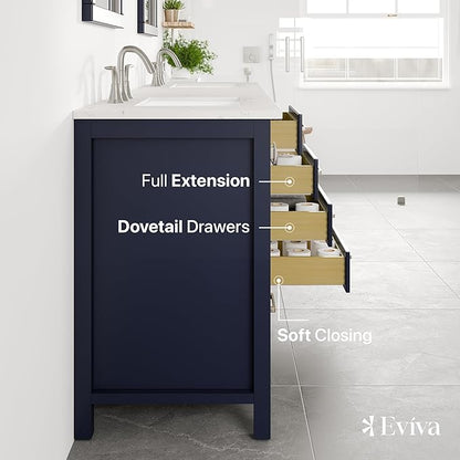 Eviva Aberdeen 84 in. Blue Double Sink Bath Vanity with Carrara Quartz Top and Undermount Porcelain Sinks