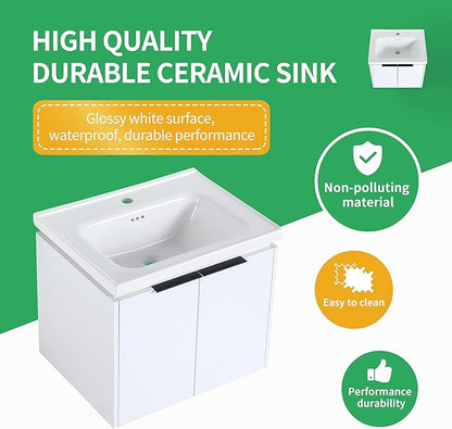48 Inch Bathroom Vanity with Sink Combo, Wall-Mounted Bathroom Vanity with Soft Close Doors&2 Side Shelf,Modern Floating Bathroom Vanity with Top Basin & Storage Cabinet,White
