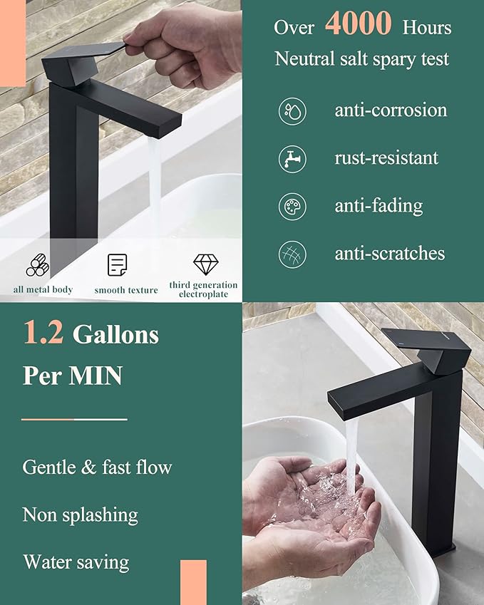 Tall Vessel Sink Faucet, Single Hole Bathroom Faucet with Pop-Up Drain, 304 Stainless Steel Matte Black for Modern Bath/Vanity
