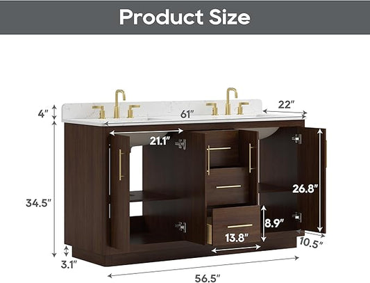 60 Inch Bathroom Vanity with Double Sink, Solid Wood Frame with Engineered Marble Countertop, Fully-Assembled Vanity with Soft-Close Drawers, Adjustable Feets, Warm Elm