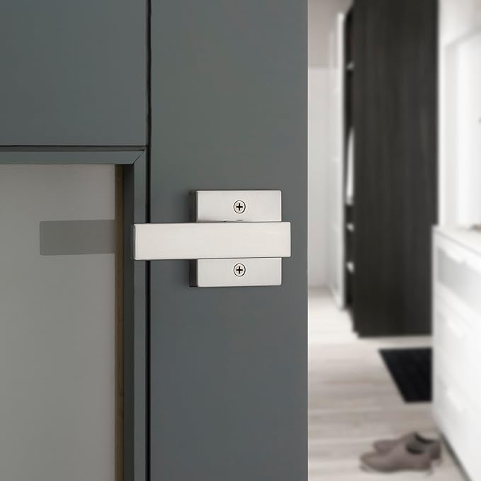 Kwikset Singapore Interior Privacy Door Handle with Lock, Door Lever For Bathroom and Bedroom, Satin Nickel Reversible Keyless Turn Lock, with Microban Protection
