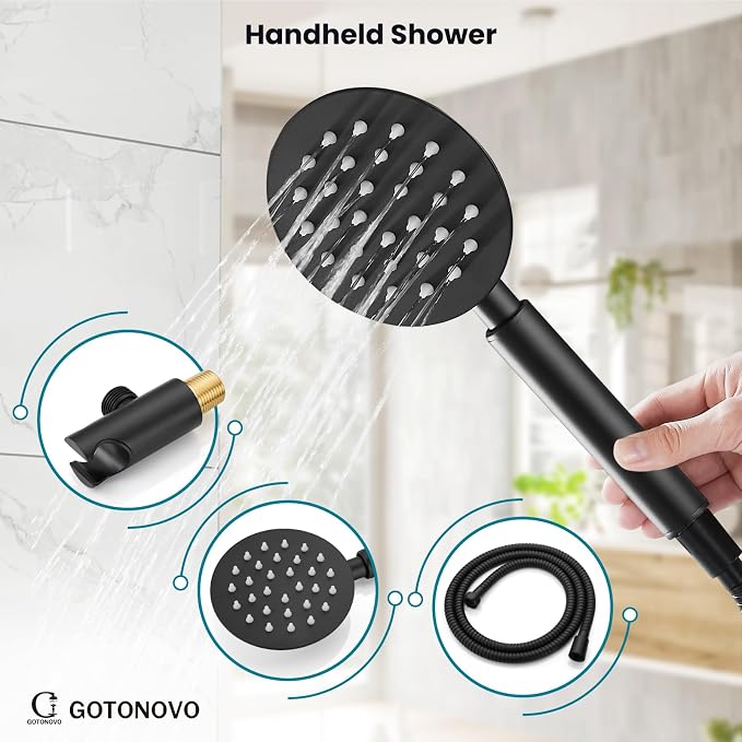 gotonovo High Pressure Shower System Valve and Trim Kit,Matte Black | Round Rain 10 Inch Shower Head with Handheld Faucet Set Complete,Rough In Valve,2-in-1 Diverter,All Metal,Bathroom Wall Mount