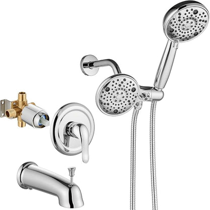 Aolemi Tub Shower Faucet Set Dual 8 Mode Head Valve Kit Polish Chrome | Valve and Trim Kit, ABS Shower Head and Handheld System, Bathroom Bath Tub Spout 6.3",SUS304,Single Handle