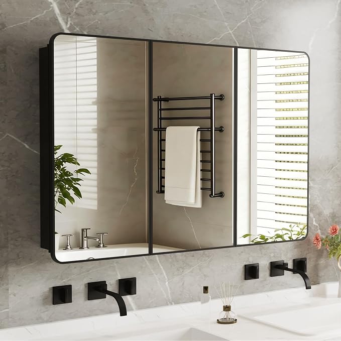 Medicine Cabinet Mirror 48x32 Inch, Triple-Door Bathroom Mirror Cabinet with Glass Adjustable Shelves, 3-Compartment Bathroom Mirror with Storage Recessed or Wall Mount