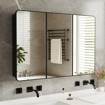 Medicine Cabinet Mirror 48x32 Inch, Triple-Door Bathroom Mirror Cabinet with Glass Adjustable Shelves, 3-Compartment Bathroom Mirror with Storage Recessed or Wall Mount