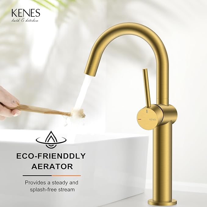 KENES Brushed Gold Tall Bathroom Faucet, Single Handle Vessel Sink Faucet Single Hole, Modern Bathroom Vanity Faucet with Pop Up Drain and Supply Lines, KE-9005C-4