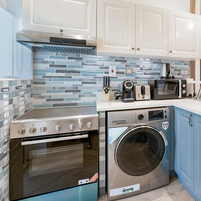 LONGKING Self-Adhesive Kitchen Backsplash, Marble Look Decorative Tiles (10 Tiles) | Peel and stick backsplash, self-adhesive wall tile, marble, waterproof, kitchen bathroom wall, 10 tiles, set B