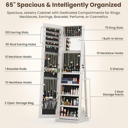 4-In-1 Jewelry Cabinet Jewelry Armoire Lockable Standing, White | Jewelry Organizer with Storage, Full-Length Mirror, 3 Storage Shelves, Makeup Mirror, 360 ° Swivel Jewelry Armoire for Women