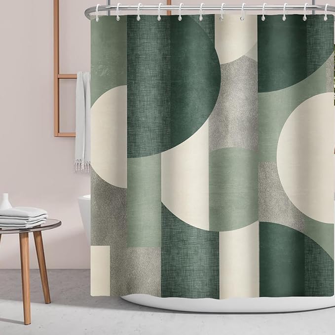 Green Shower Curtain Abstract Modern Geometry Circles Contemporary Style Sage Green Fabric Shower Curtains Decor Modern Bath Curtain Bathroom Accessories 72x72 Inches