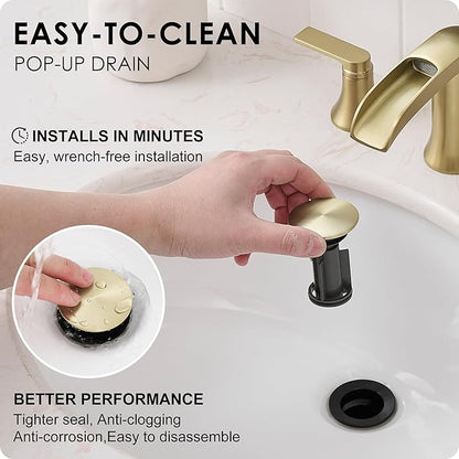 Brushed Gold Bathroom Faucet 3 Hole, 4-8 Inch Brass Widespread Waterfall Bathroom Sink Faucets with Pop Up Drain and cUPC Supply Line, 2 Handles for Vanity, Lavatory, Restroom, Apartment, Modern