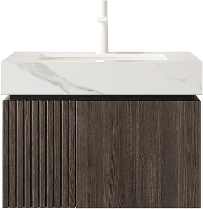 KEIKI 24 Inch Floating Bathroom Vanity with Sink, Espresso & White | Modern Wall Mounted Storage Cabinet with 2 Doors, Pre-assembled Wood Panels, Sintered Stone Top & Ceramic Basin Combo Set
