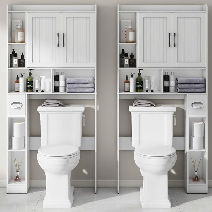 Vabches Farmhouse Over The Toilet Storage Cabinet with Barn Door, White | Storage Cabinet Over Toilet, Home Space-Saving Toilet Rack, for Bathroom, Restroom, Laundry