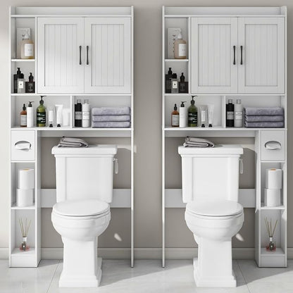 Vabches Farmhouse Over The Toilet Storage Cabinet with Barn Door, White | Storage Cabinet Over Toilet, Home Space-Saving Toilet Rack, for Bathroom, Restroom, Laundry