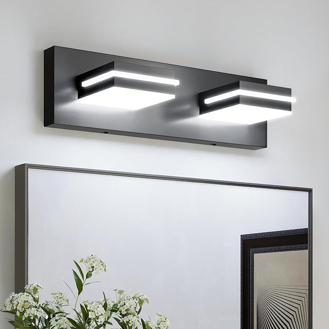 VOLISUN Modern Bathroom Vanity Light Fixtures (2-Light, 15.5-Inch), Matte Black LED Bathroom Lighting Fixtures Over Mirror, 360°Rotatable Head, LED Vanity Lights for Bathroom (Cool White 6000K)