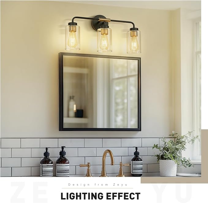 zeyu 3-Light Farmhouse Vanity Lights for Bathroom, 21 Inch Industrial Bath Wall Light Fixtures with Clear Glass Shade, Black and Gold Finish, ZS62B-3W BK+BG