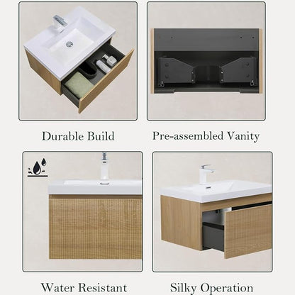 Floating Bathroom Vanity, 24" Wall Mounted Bathroom Cabinet with Glossy White Stone Resin Sink & U-Shaped Soft-Close Drawer, Pre-Assembled Striped Storage Vanity for Bathroom, Natural Wood