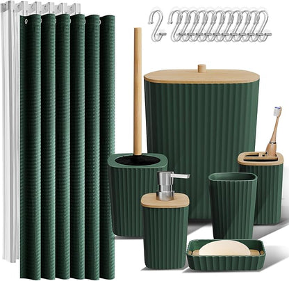 Clara Clark Bathroom Set, Shower Curtain Set, Bathroom Accessory Set | 20 Piece Hunter Green Bathroom Accessories Set with Toothbrush Holder, Soap Dispenser, Soap Dish, Toilet Brush, and Trash Can