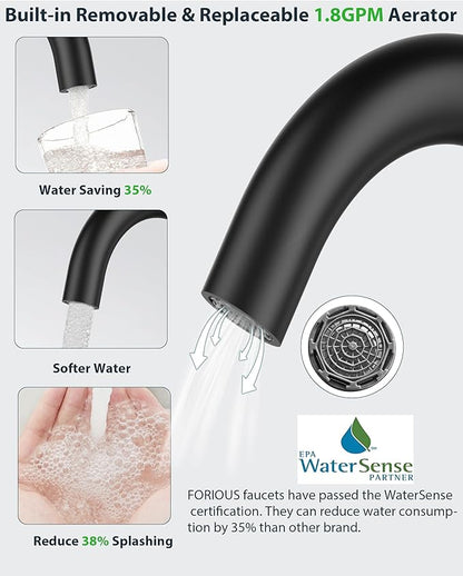 FORIOUS Matte Black Bathroom Faucet 1 Hole Single Handle Sink Faucet | with 6-inch Deck Plate for 1 or 3 hole(4-inch centerset)Sink Setup, Supply Lines and Drain, Swivel for Bar Kitchen RV Vanity