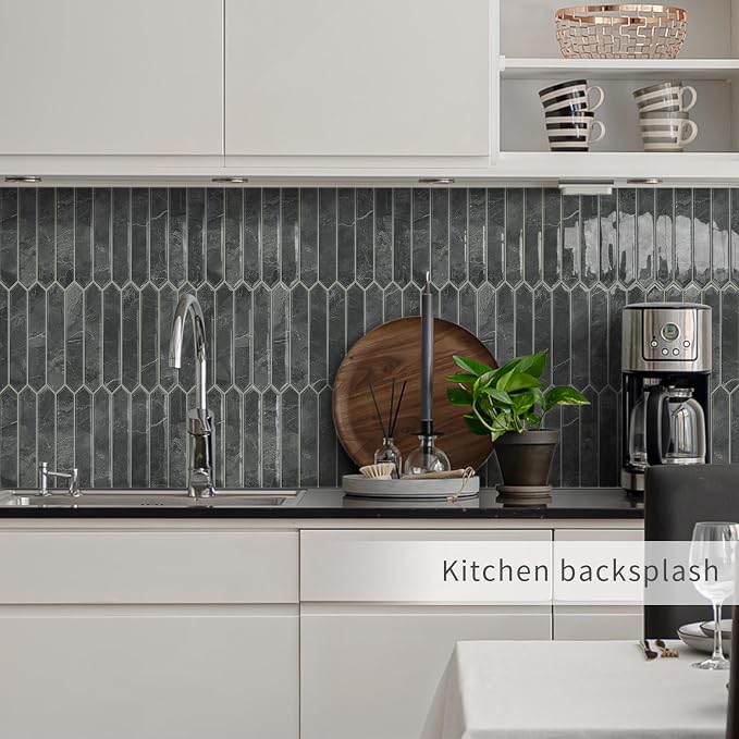 10 Sheets Long Hexagon Tile Peel and Stick Backsplash | Self-Adhesive Wall Tiles Stick on Back Splash for Kitchen, Bathroom, Fireplace,RV(Gray,12"×12")