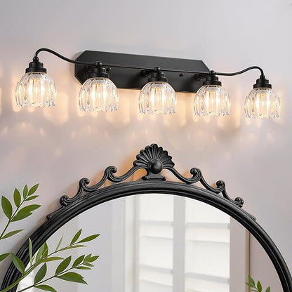 Vintage Bathroom Light Fixtures, 5 Light Bathroom Vanity Light, Black Matte Antique Brass Finish with Crystal Glass Shade, Mid Century Wall Sconces for Bedroom, Living Room, Hallway