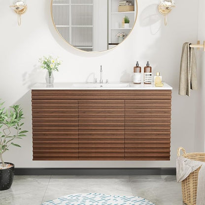 ROOMTEC 48" Bathroom Vanity with Ceramic Sink Combo, Mid-Century Wall Mounted Floating Vanity Cabinet with 2 Closing Doors, Wood Grain Texture, Walnut