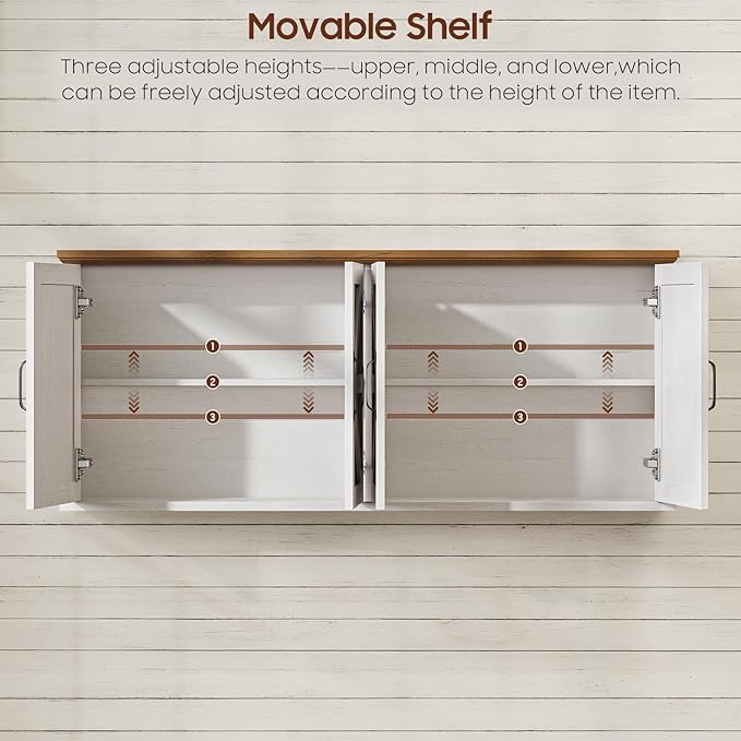 47" Laundry Room Cabinets and Storage with 4 Doors and Utility Adjustable Shelf, Large Wall Mounted Storage Cabinet, Upper Kitchen Cabinet for Laundry, Bathroom, and Kitchen, White and Brown