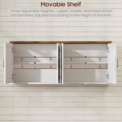 47" Laundry Room Cabinets and Storage with 4 Doors and Utility Adjustable Shelf, Large Wall Mounted Storage Cabinet, Upper Kitchen Cabinet for Laundry, Bathroom, and Kitchen, White and Brown