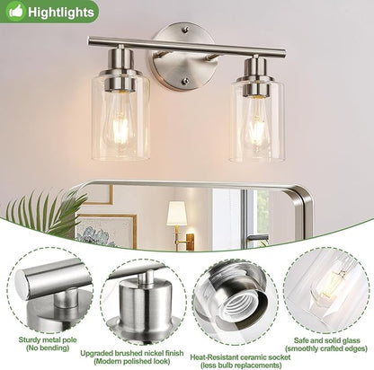2-Light Bathroom Light Fixtures, Brushed Nickel Vanity Light, Modern Vanity Lights with Clear Glass Shade, Bathroom Wall Lamp for Mirror Kitchen Living Room Hallway Cabinet Porch